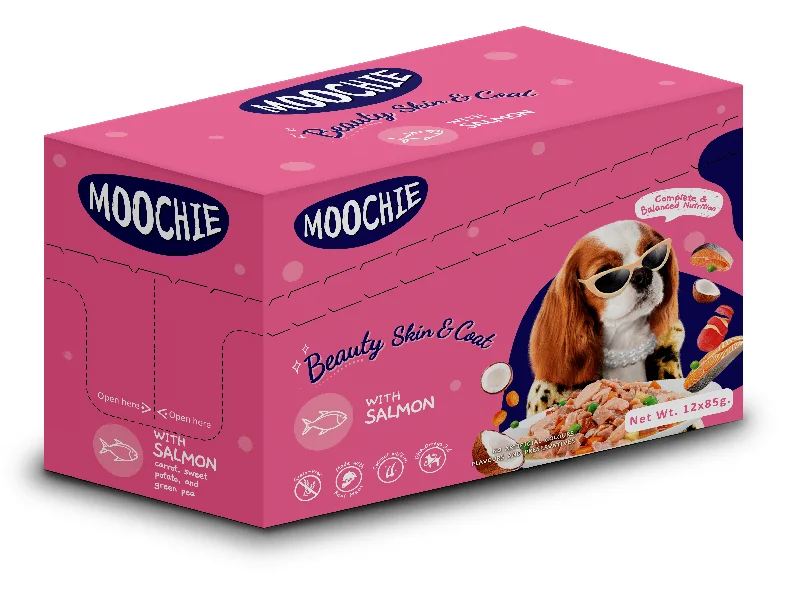 - Dog disposable foam shower gelMoochie CASSEROLE WITH SALMON (BEAUTY SKIN ) 12x85g Pouchs