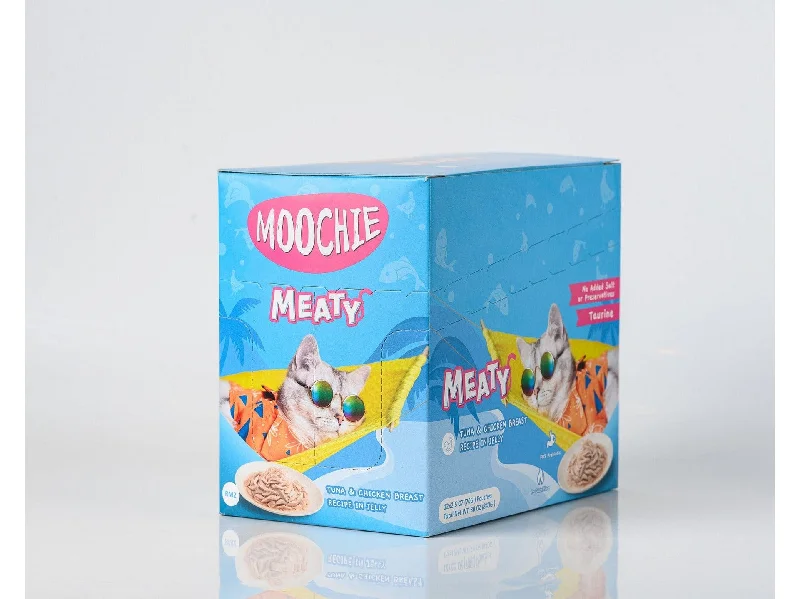 - Cat stress soothing sprayMoochie Meaty Tuna & Chicken Breast Recipe in Jelly 12x70g Pouchs