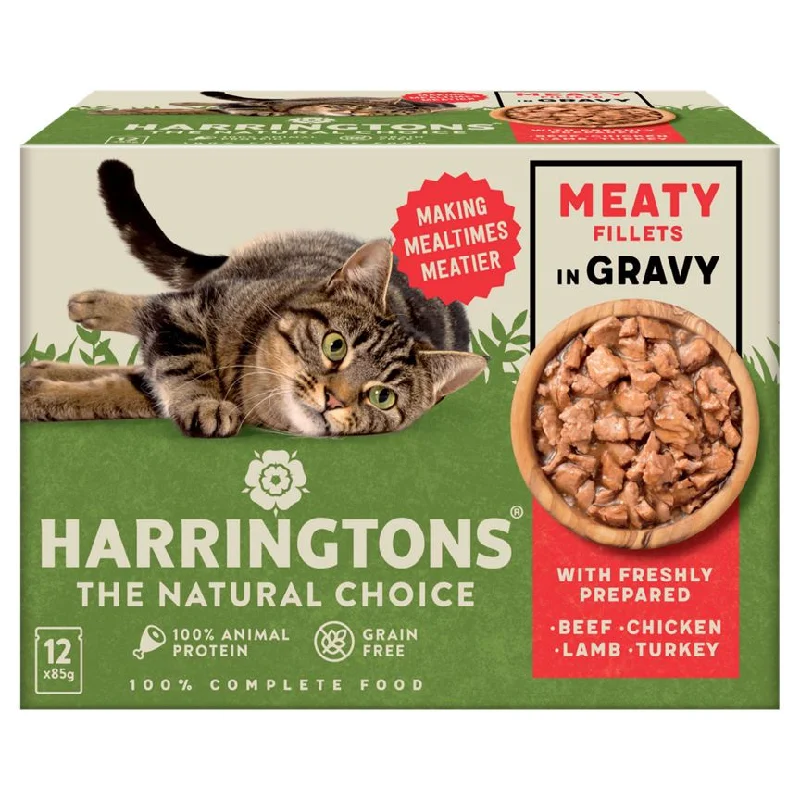    - Chicken flavor cat food  Harringtons Meaty in Gravy Wet Adult Cat Food Multipack