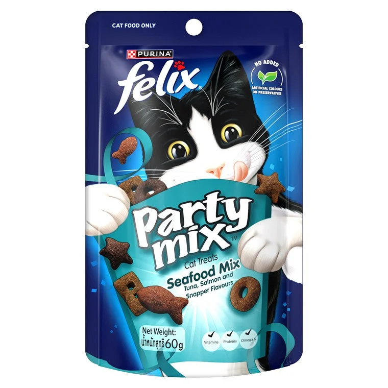    - Cat food for spayed/neutered cats  Felix Party Mix Seafood Cat Treats, 60g