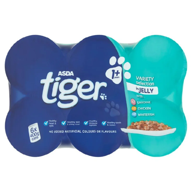    - High-fiber cat food  ASDA Tiger Favourites in Jelly Cat Tins