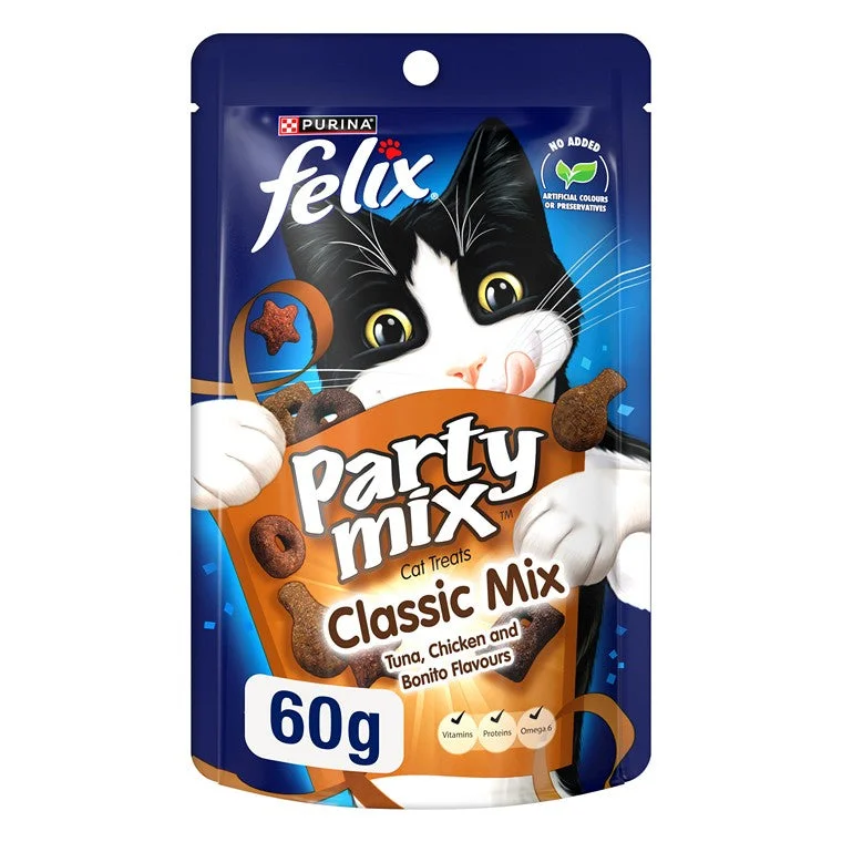    - Cat food for multi-cat households  Felix Party Mix Classic Cat Treats, 60g