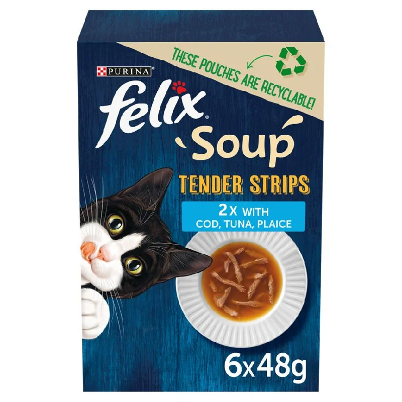    - Fish-based cat food  Felix Soup Cat Food Fish Selection Tender Strips